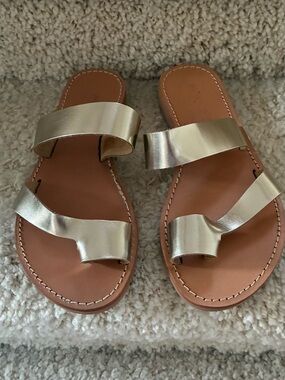 Womens Gold Metallic Two-Strap Slide Sandals